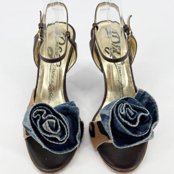 Dolce & Gabbana Vintage y2k Leopard Calf Hair Denim Flower Wedge Sandal IT 38.5 - Picture 4 of 12